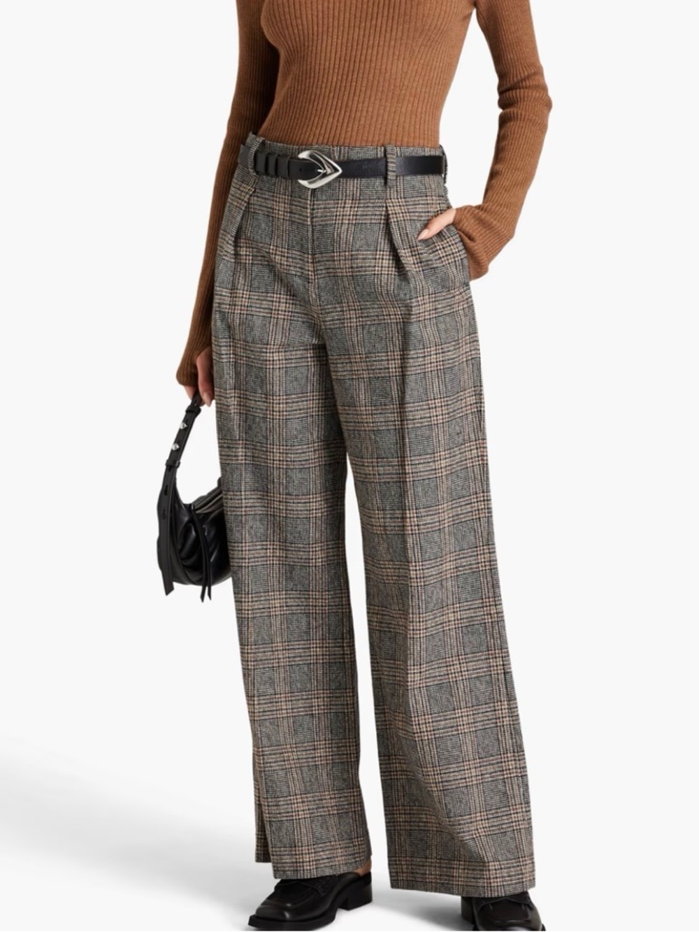 Rag & Bone Bennett pleated prince of wales checked cotton tweed wide leg trouser